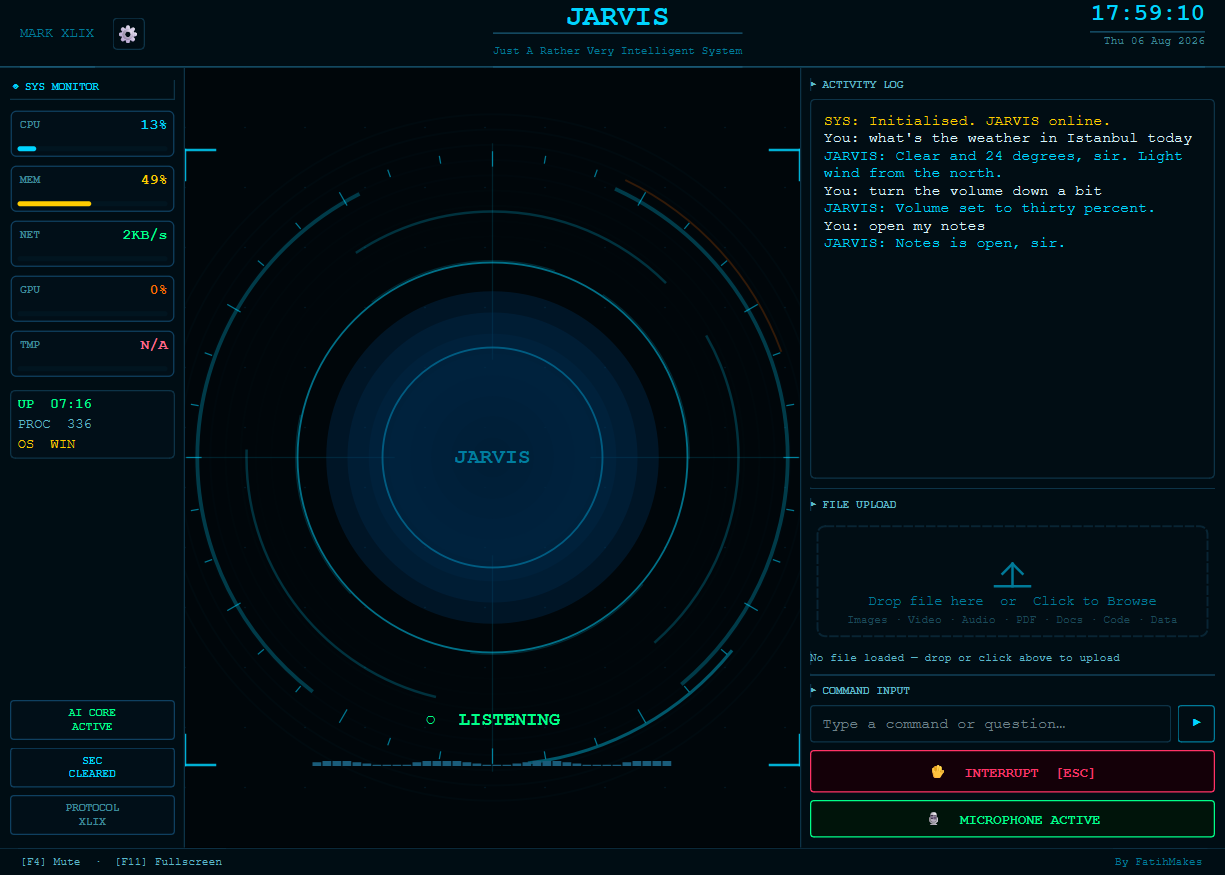 Jarvis running: a circular display in the middle and the conversation on the right.